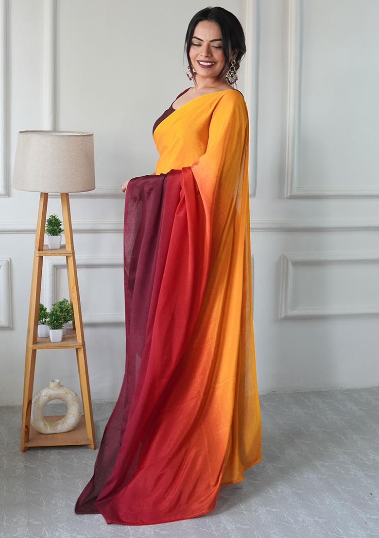 Yellow Pedding Color Solid Chinon Pre Stitched Saree