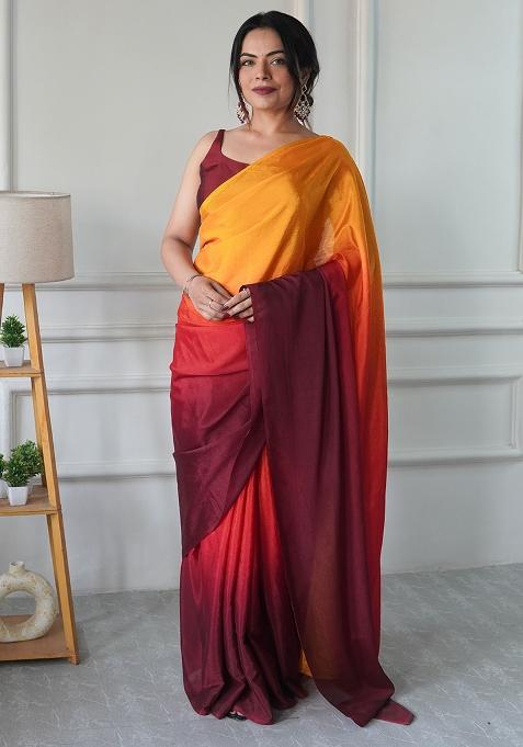 Yellow Pedding Color Solid Chinon Pre Stitched Saree