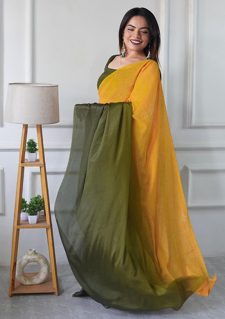 Mustard Yellow Pedding Color Solid Chinon Pre Stitched Saree