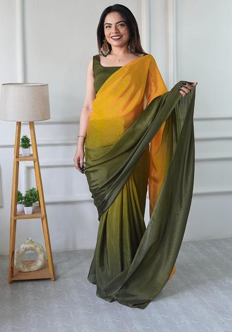 Mustard Yellow Pedding Color Solid Chinon Pre Stitched Saree
