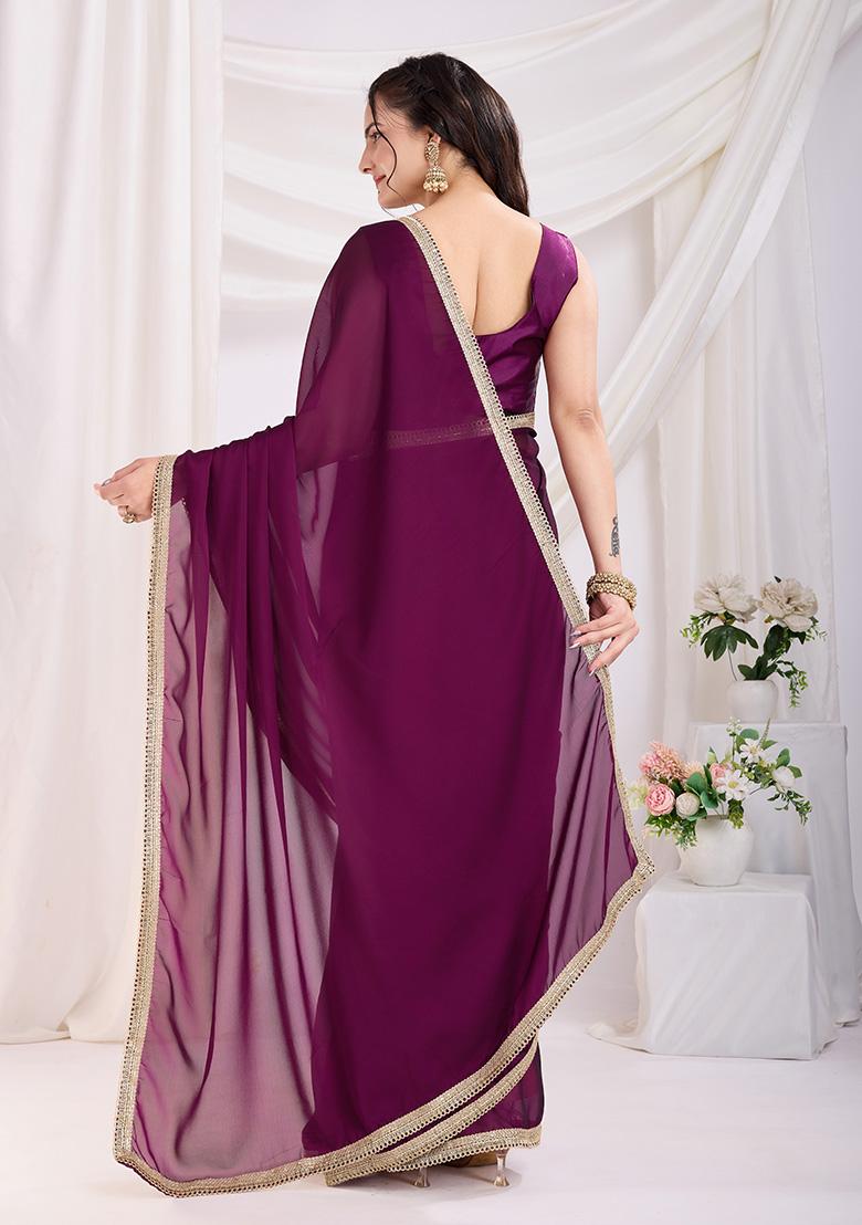 Purple Solid And Lace Border Rangoli Silk Pre Stitched Saree