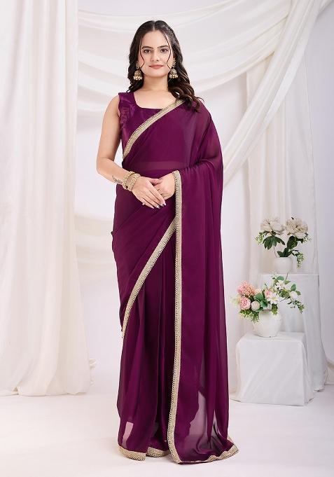 Purple Solid And Lace Border Rangoli Silk Pre Stitched Saree