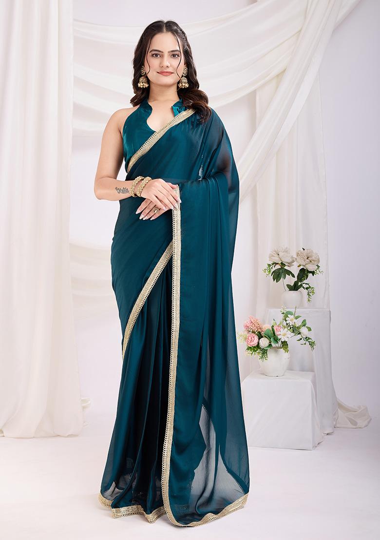 Teal Blue Solid And Lace Border Rangoli Silk Pre Stitched Saree