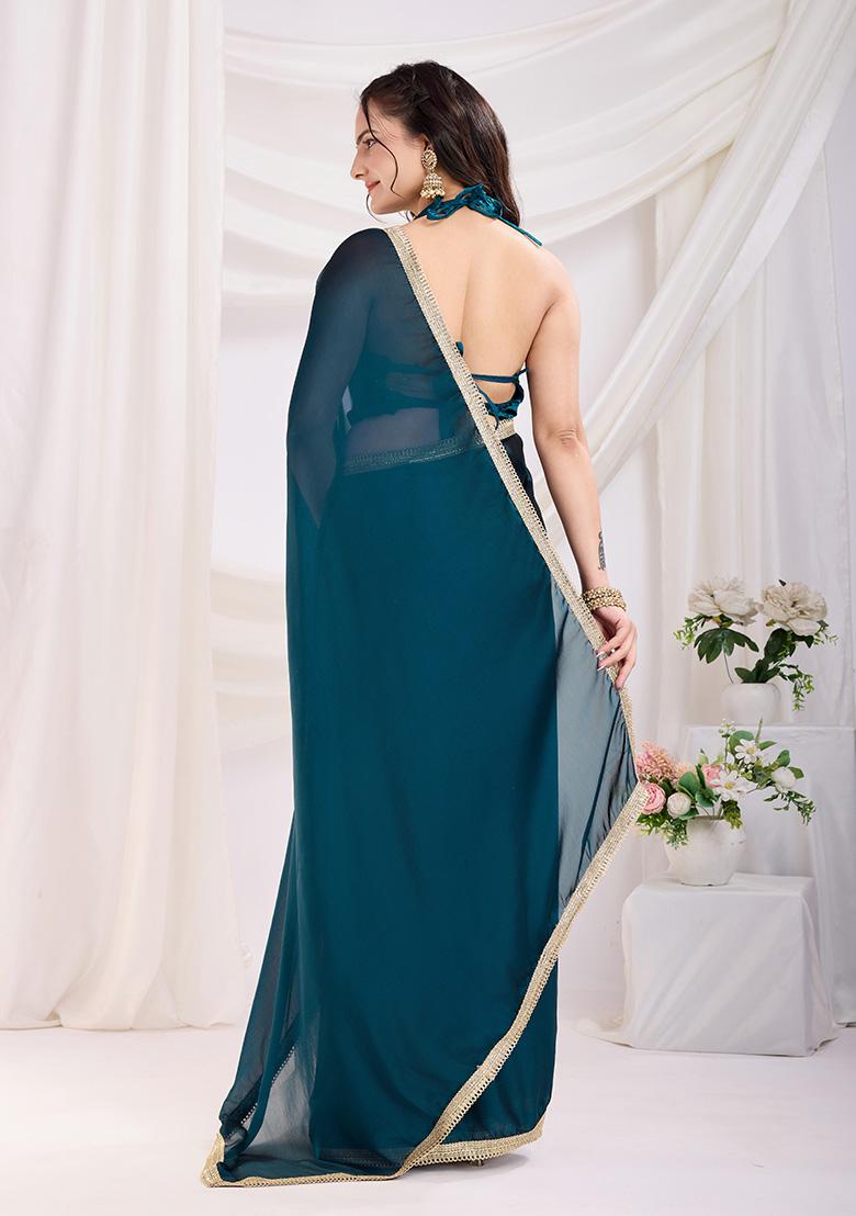 Teal Blue Solid And Lace Border Rangoli Silk Pre Stitched Saree