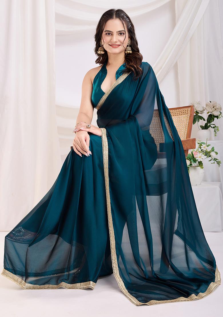 Teal Blue Solid And Lace Border Rangoli Silk Pre Stitched Saree