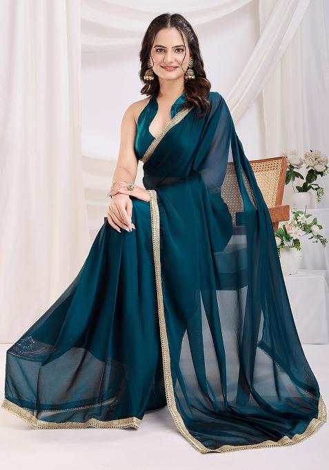 Teal Blue Solid And Lace Border Rangoli Silk Pre Stitched Saree