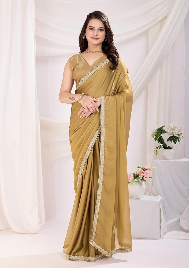 Chiku Brown Solid And Lace Border Rangoli Silk Pre Stitched Saree