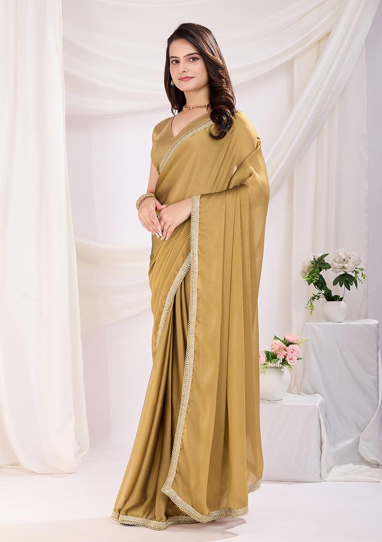 Chiku Brown Solid And Lace Border Rangoli Silk Pre Stitched Saree