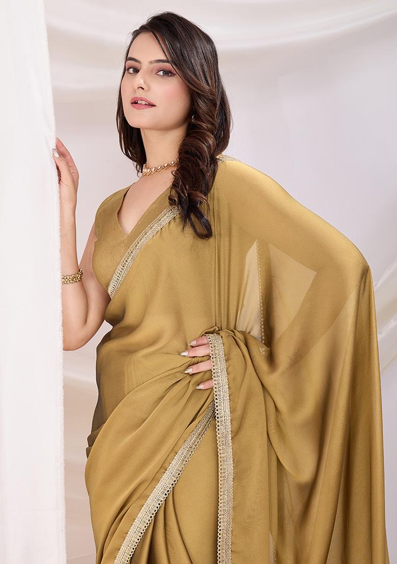 Chiku Brown Solid And Lace Border Rangoli Silk Pre Stitched Saree