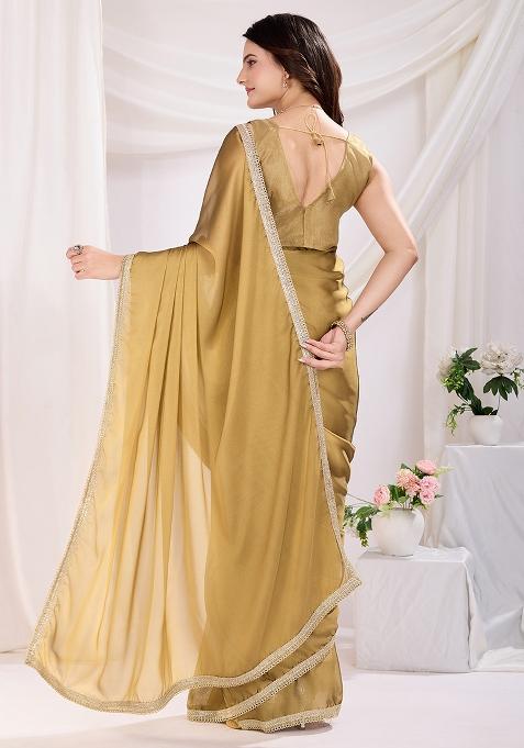 Chiku Brown Solid And Lace Border Rangoli Silk Pre Stitched Saree