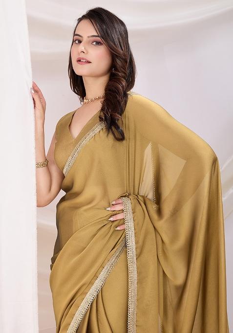 Chiku Brown Solid And Lace Border Rangoli Silk Pre Stitched Saree