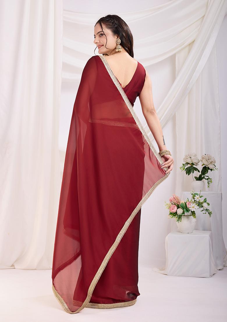 Maroon Solid And Lace Border Rangoli Silk Pre Stitched Saree