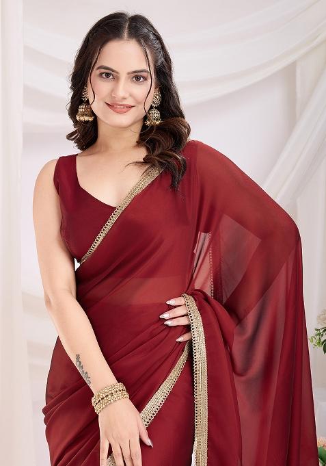 Maroon Solid And Lace Border Rangoli Silk Pre Stitched Saree