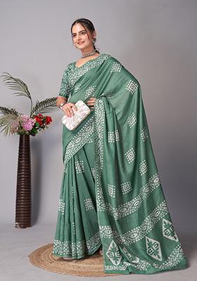 Green Batik Print Cotton Saree Set With Belt