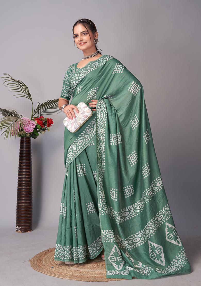 Green Batik Print Cotton Saree Set With Belt