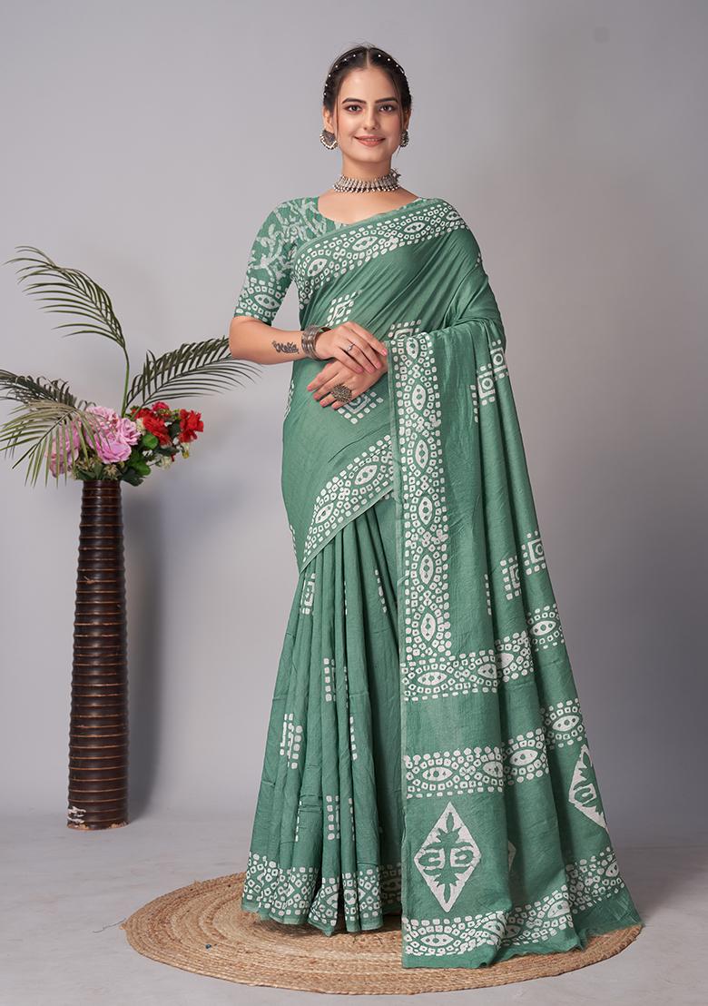 Green Batik Print Cotton Saree Set With Belt