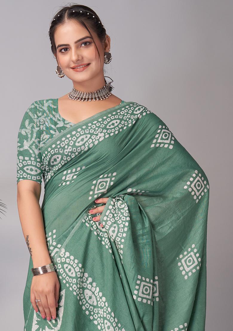 Green Batik Print Cotton Saree Set With Belt