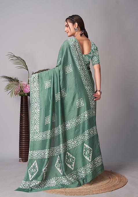 Green Batik Print Cotton Saree Set With Belt