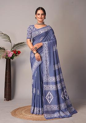 Grey Batik Print Cotton Saree Set With Belt