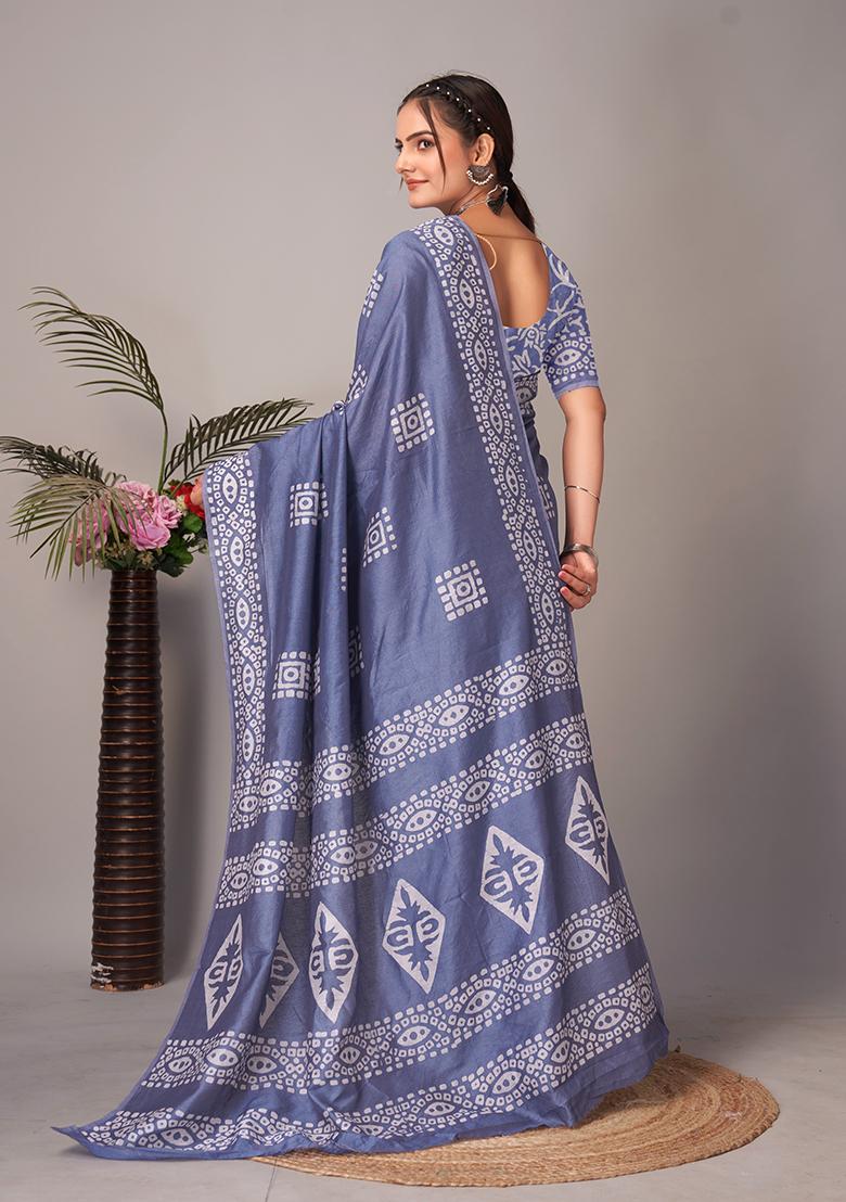 Grey Batik Print Cotton Saree Set With Belt