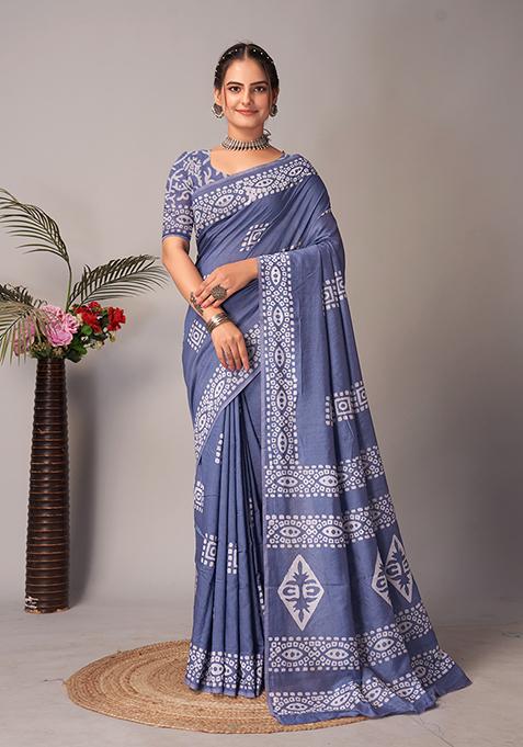 Grey Batik Print Cotton Saree Set With Belt