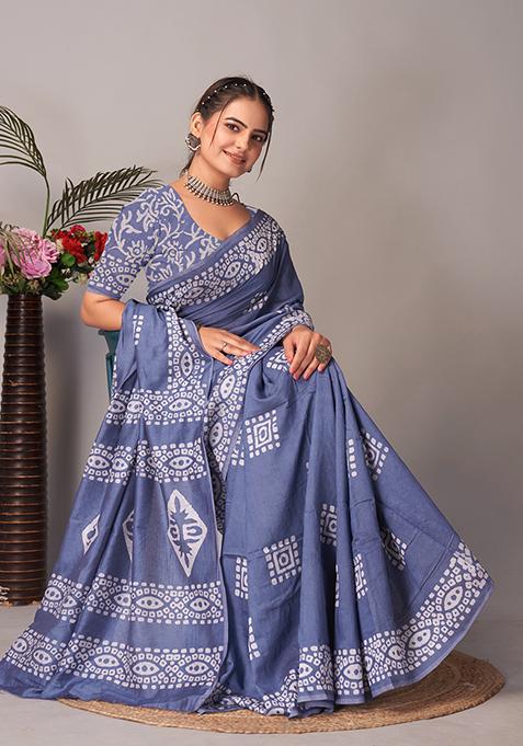 Grey Batik Print Cotton Saree Set With Belt