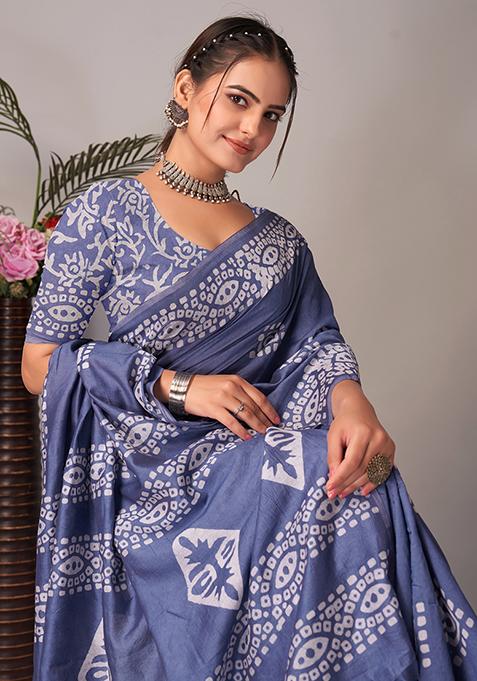 Grey Batik Print Cotton Saree Set With Belt