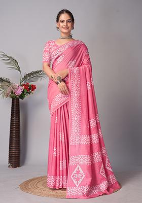 Pink Batik Print Cotton Saree Set With Belt