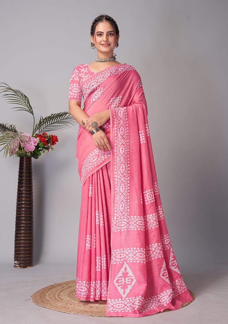 Pink Batik Print Cotton Saree Set With Belt