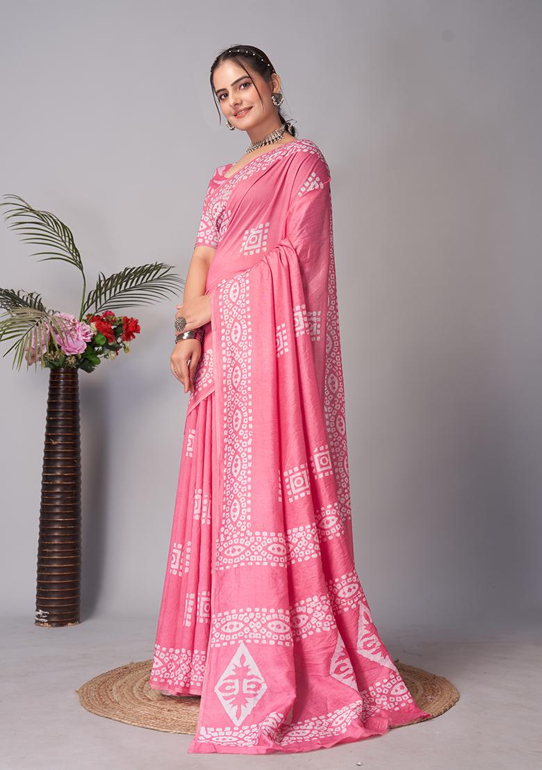 Pink Batik Print Cotton Saree Set With Belt