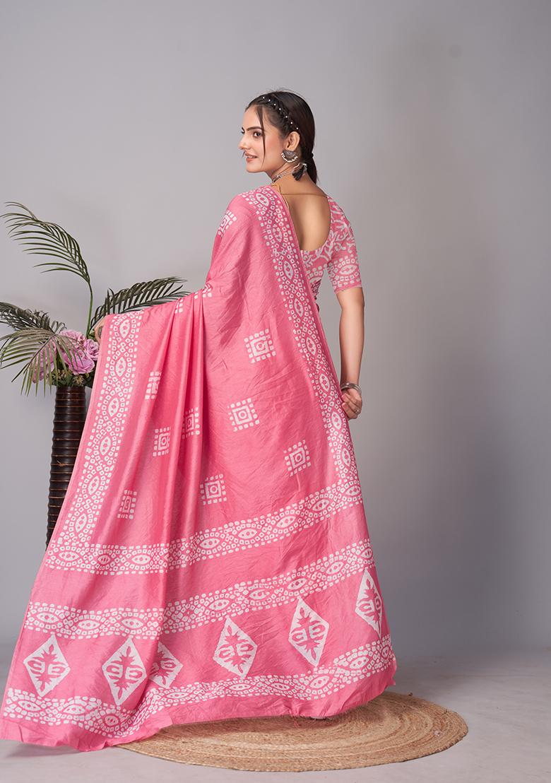 Pink Batik Print Cotton Saree Set With Belt