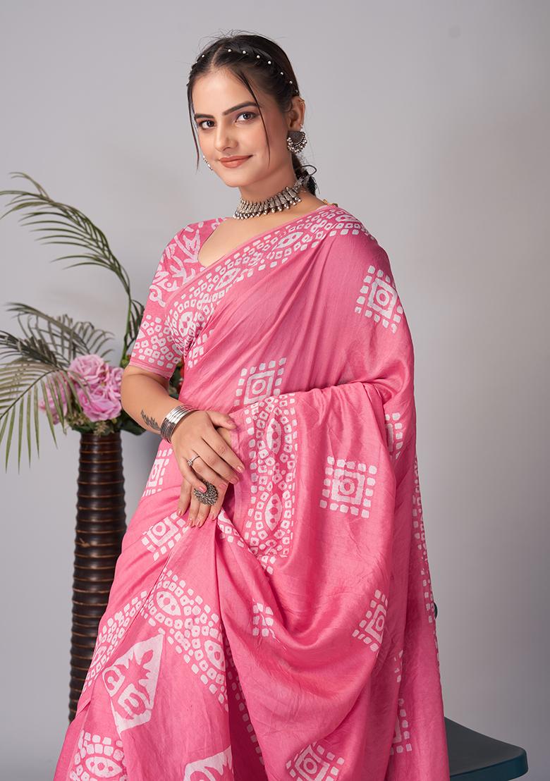 Pink Batik Print Cotton Saree Set With Belt