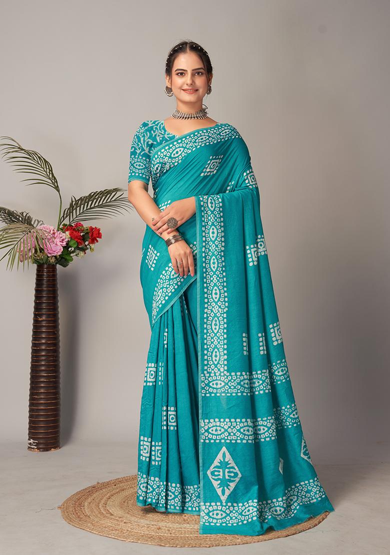 Blue Batik Print Cotton Saree Set With Belt
