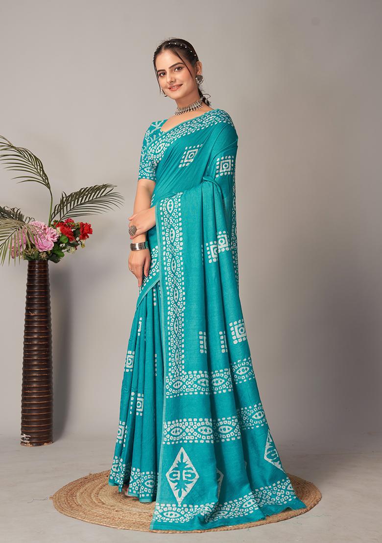 Blue Batik Print Cotton Saree Set With Belt