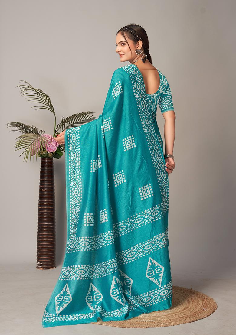 Blue Batik Print Cotton Saree Set With Belt