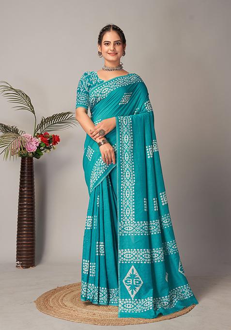 Blue Batik Print Cotton Saree Set With Belt