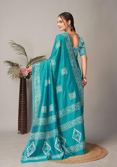 Blue Batik Print Cotton Saree Set With Belt