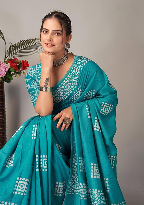 Blue Batik Print Cotton Saree Set With Belt