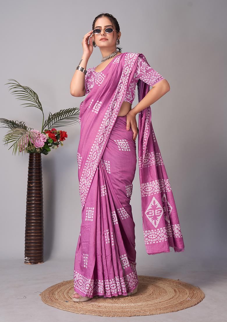 Wine Batik Print Cotton Saree Set With Belt