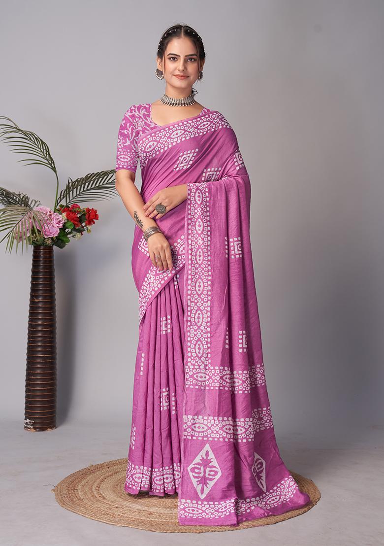 Wine Batik Print Cotton Saree Set With Belt