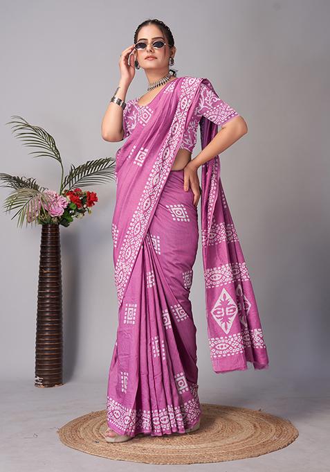 Wine Batik Print Cotton Saree Set With Belt
