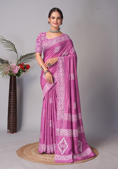 Wine Batik Print Cotton Saree Set With Belt