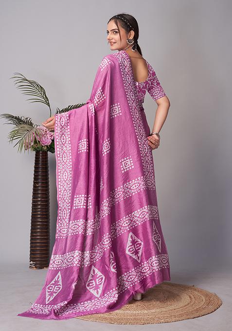 Wine Batik Print Cotton Saree Set With Belt