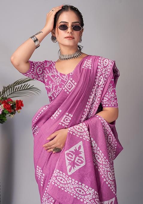 Wine Batik Print Cotton Saree Set With Belt