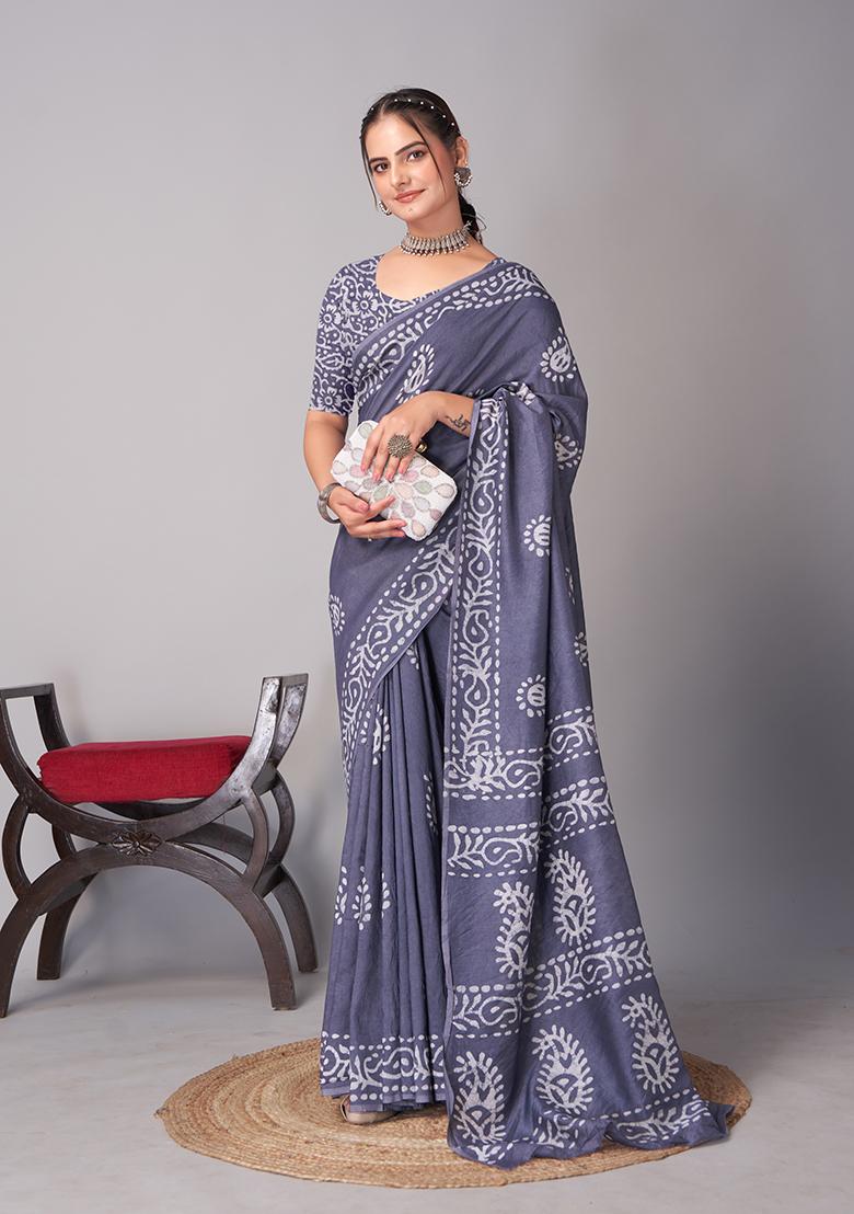 Grey Batik Print Cotton Saree Set With Belt
