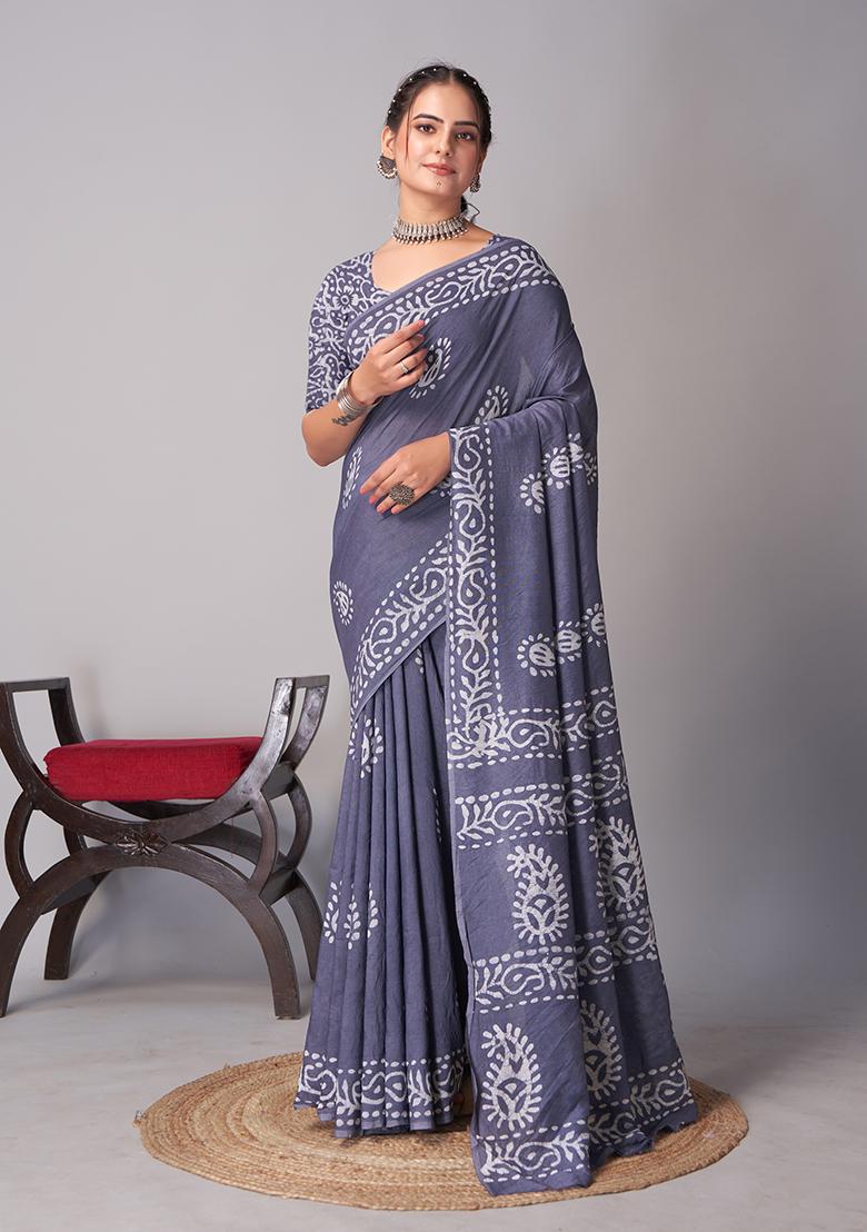 Grey Batik Print Cotton Saree Set With Belt