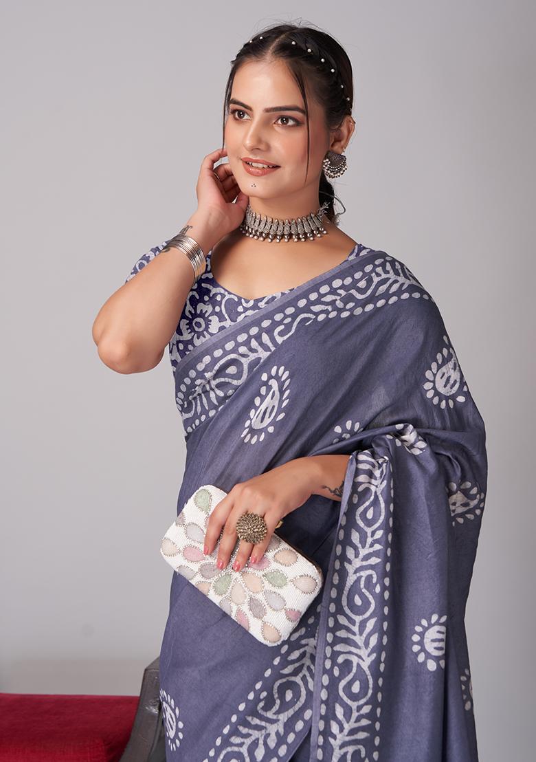 Grey Batik Print Cotton Saree Set With Belt