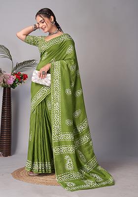 Green Batik Print Cotton Saree Set With Belt