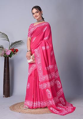 Pink Batik Print Cotton Saree Set With Belt