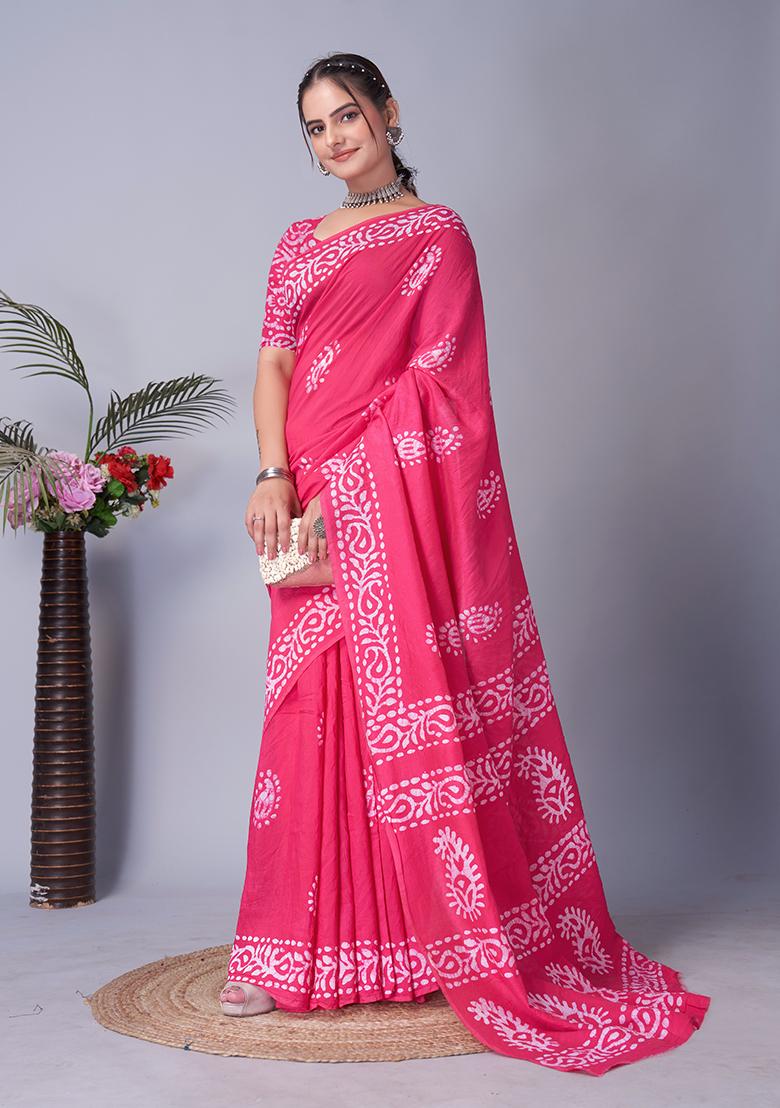 Pink Batik Print Cotton Saree Set With Belt